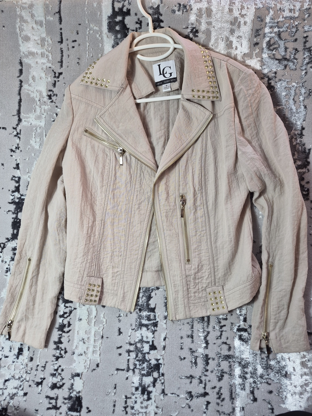Lena Gabrielle novelity Moto jacket gold zipper YELLOW gold crystal Studs Sz 8